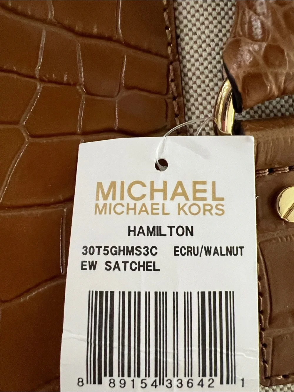 Michael Kors Brown and Cream Croc-Trim Satchel with Gold Hardware